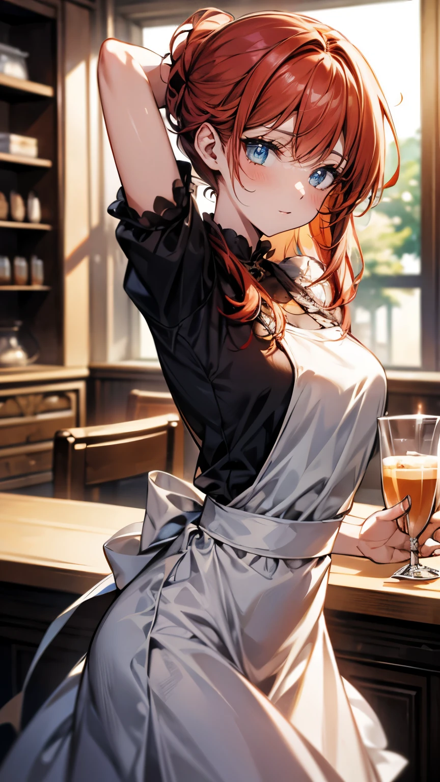 A breathtaking masterpiece、Filmed in stunning 8K resolution、This portrait is exquisitely painted.、that&#39;real.。The scene is bathed in HDR light...、that depicts a beautiful woman in the middle distance.、((Chignon:1.8、Straight hair、Redhead:1.4))、Medium chest、high school girl、(Cafe:1.4)、((blouse、Aprons are beautiful、With store logo、We welcome our customers with a bright smile。))、(Back arching pose)、Her hands were placed gently on her head、blush、She exudes an aura of grace and charm..