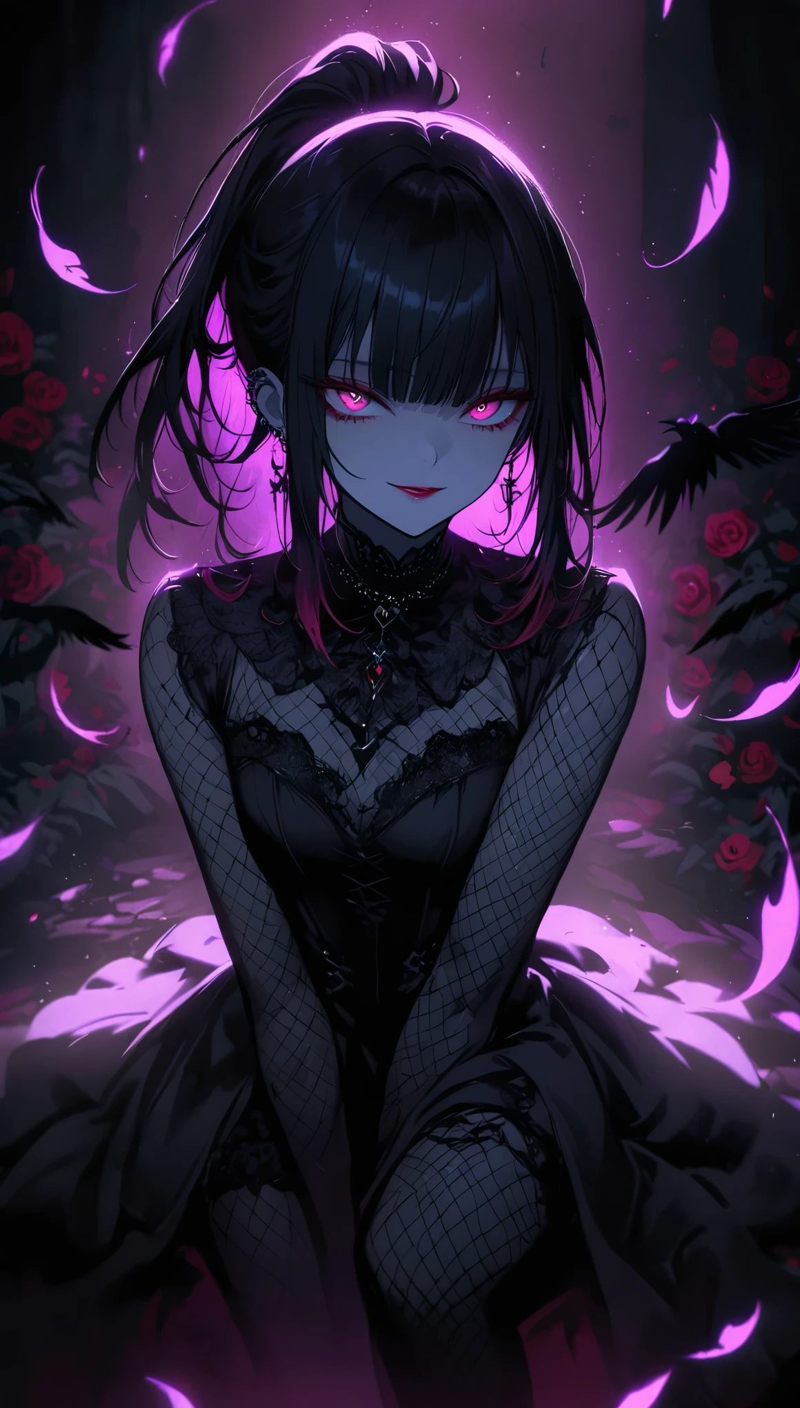 (dark atmosphere,gothic fashion,bright colors),(best quality,Super exquisite,),Sexy goth Vampire girl,In the rose garden at night,Beautiful and delicate eyes,Straight black ponytail with blue tips,Crow feathers,red lipstick,mysterious smile,Pale complexion,fishnet stockings,black lace dress,Pointed-toe bootysterious aura,The moonlight illuminates her elegant silhouette,Soft shadows and soft highlights,Contrasting colors create a vibrant atmosphere,dark and moody color palette,Subtle yet dramatic lighting effects,Sublime darkness intertwined with exquisite moonlight