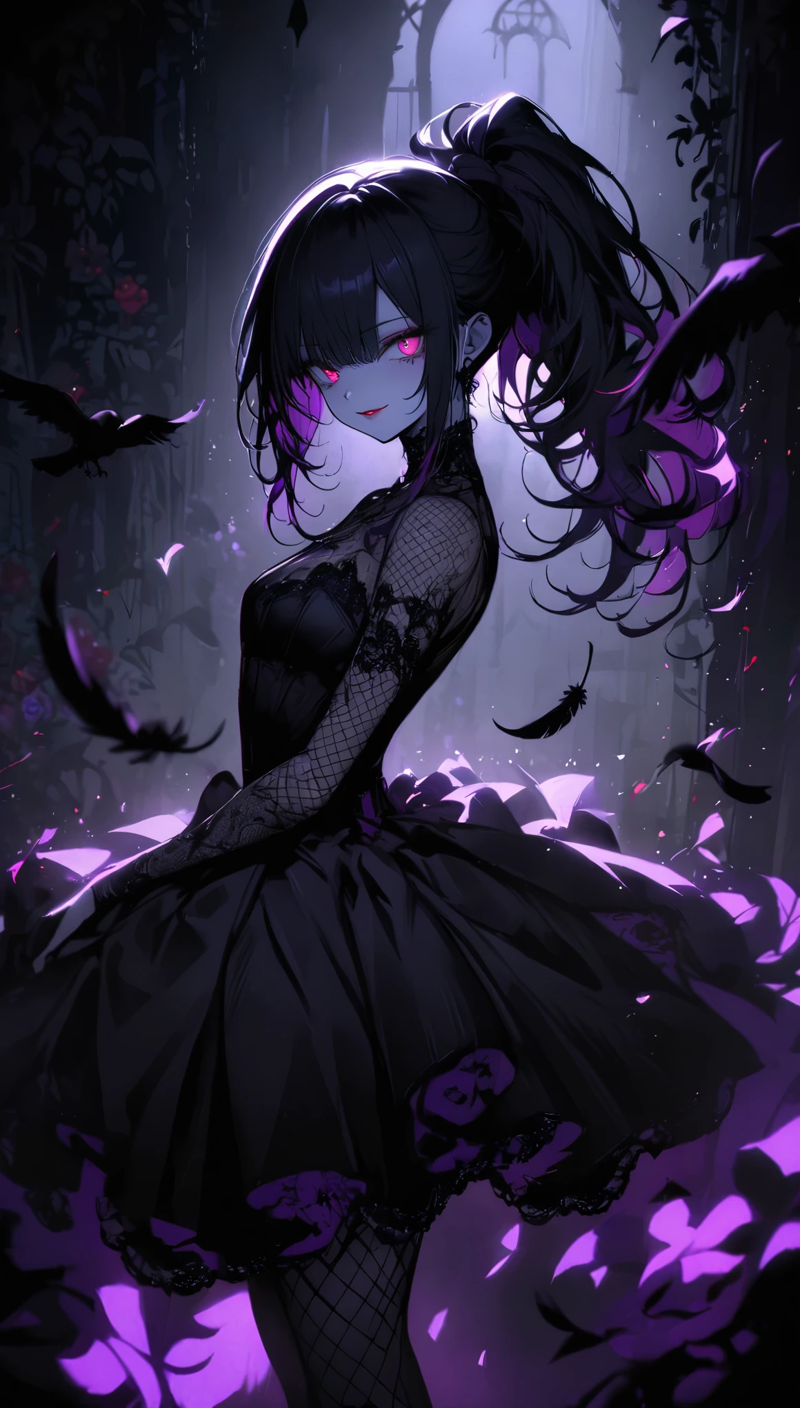 (dark atmosphere,gothic fashion,bright colors),(best quality,Super exquisite,),Sexy goth Vampire girl,In the rose garden at night,Beautiful and delicate eyes,Straight black ponytail with blue tips,Crow feathers,red lipstick,mysterious smile,Pale complexion,fishnet stockings,black lace dress,Pointed-toe bootysterious aura,The moonlight illuminates her elegant silhouette,Soft shadows and soft highlights,Contrasting colors create a vibrant atmosphere,dark and moody color palette,Subtle yet dramatic lighting effects,Sublime darkness intertwined with exquisite moonlight