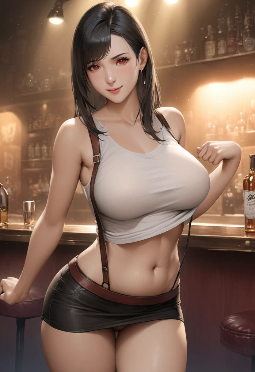 (Realistic: 1.4), highest quality, Very delicate and beautiful, High resolution, One girl, Tifa_Lockhart, smile, Cowboy Shot, suspenders, Low rise, mini skirt, Tank top, nervous shirt, Black Hair, Long Hair, Elbow hand pockets, Beautiful and detailed red eyes, Face Light, Cinema Lighting, belly button, High exposure, belly exposed, rib, Abdominal muscles, ( Medium udder), Dynamic pose, Dynamic Angle, Antique-style bar, Counter seats, A scene of a man chatting with a dandy bartender