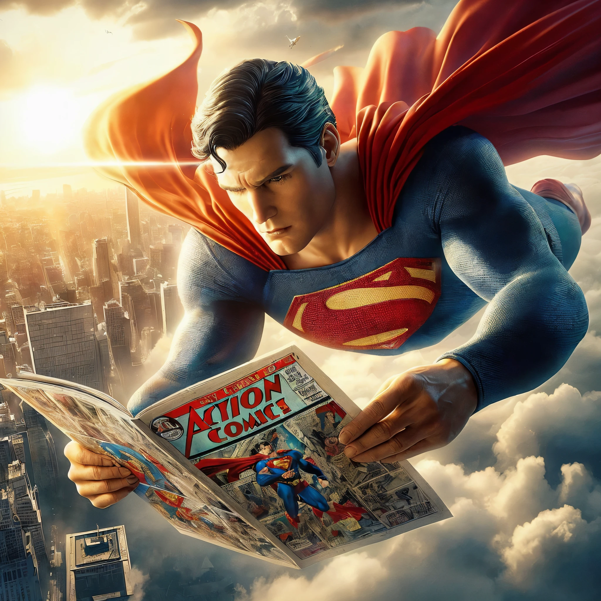 ((very sharp photo result & detailed face)) (((textile shading))), (((Best Quality))), (((masterpiece))), (((hyper realistic photo))) cinematic 3d illustration Superman with classic comic costume floating in the sky while reading action comics #1 comic book, majesty pose, serene background dramatic sky, flare cloud & metropolis cityscape,4K, perfect visual