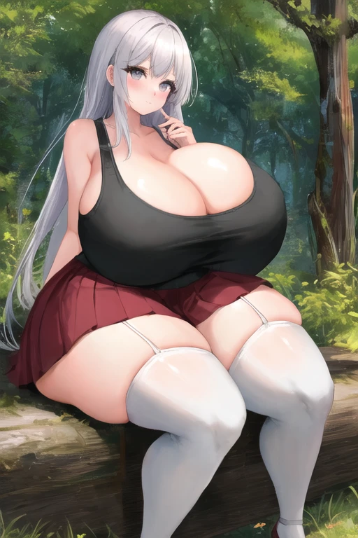 masterpiece, best quality, 1girl, white hair, long hair, grey eyes, skirt, tank top, thigh highs, bottomheavy, topheavy, gigantic , bursting breastsboob, cleavage, wideigantic ass, gigantic thighs, ting, forest