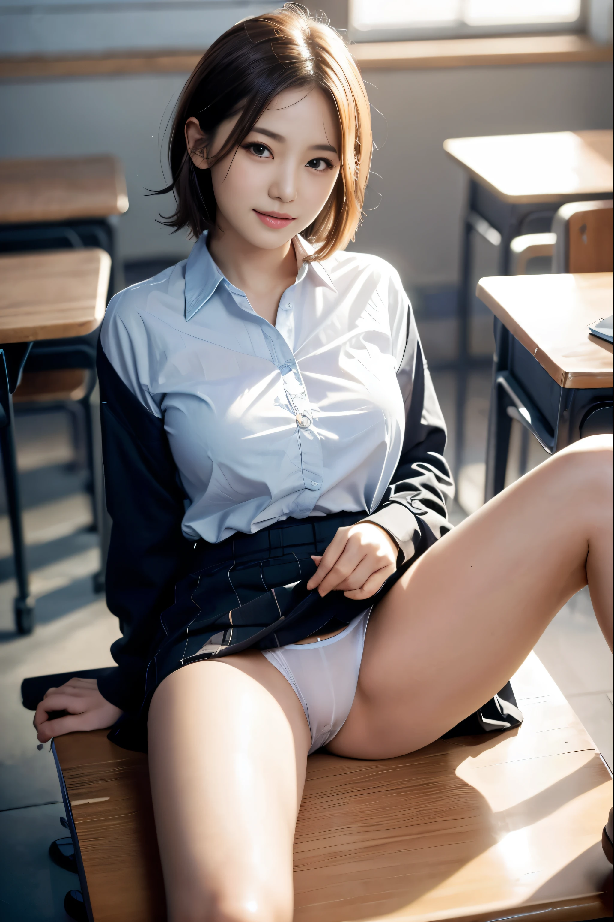 (reality: 1.4),highest quality, masterpiece, high detail, 16K quality, beautiful, 1 beautiful girl,japanese,super beautiful face,,japanese idol face,cute face,super detailed face,detailed hand,beautiful skin,oily skin,big eyes,profeccional lighting,medium hair,black hair,brown beautiful eyes, smile,big breasts, white shirt,open button,shirt lift,(checked skirt),white panties,(showing panties),black high socks,Sitting with Knees Up on desk,spread legs, she is looking at the camera,classroom, nsfw,from front,