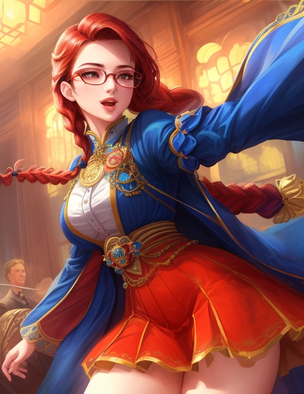 (high quality, 8K, 4k, high contrast, masterpiece:1.2, 最high quality, best aesthetics), (dynamic angle), ((1 female)), erotic, sexy, mature body, JK, , Braid, Glasses, Sexy lips, excited, Chairman, dress, open your mouth.