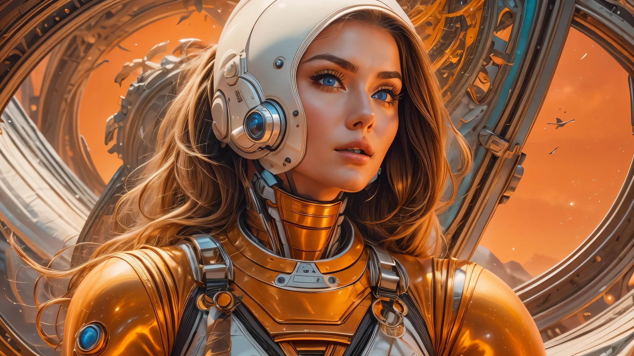 arafed image of a white woman in a futuristic suit with a spaceship in the background, movie art, in front of an orange background, inspired by Robert McGinnis, female protagonist, megastructure in the background, portrait of an ai astronaut, astronauts, an astronaut, portrait of a astronaut skeletor, perfect android girl, detailed eyes, perfectly detailed teeth, frank franzzeta and sakimichan