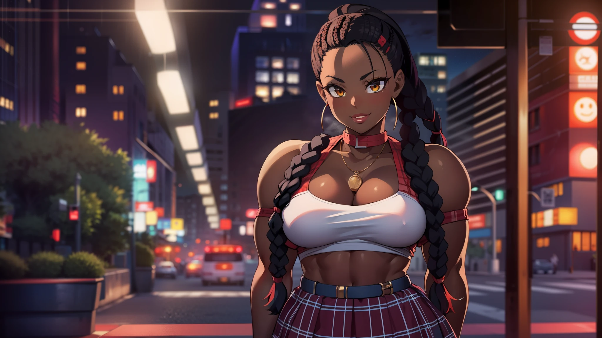 4K Quality, grinning, sexy pose, (black plaid skirt), standing up, ((black and red braids)), (dark skinned), thick thighs, big breasted, big ass, looking at viewer, amber eyes, night time, bedroom eyes, full body, city background, perfect face, perfect body, perfect eyes, full lips, close up full body shot,