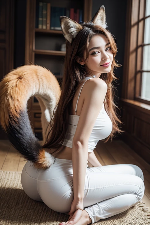 ((best quality)), ((masterpiece)), (detailed), Perfect Face, Fox Girl, Pretty girl, actress, picnic, Has one tail, She has a northern fox tail, She stretches out her fluffy tail, Beautiful hip line, Thick thighs, fur collar, Walking on all fours, A large tail sticks out, Waving his tail happily, She only has one tail