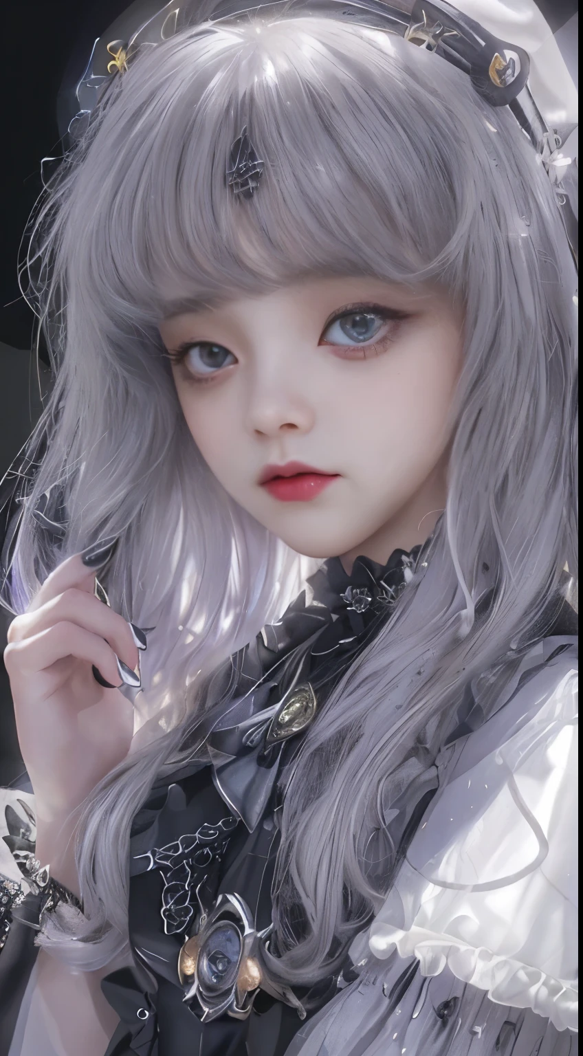 (((Masterpiece, top quality, ultra-detailed))), (((1 Infinity Mage Girl))), 14 years old, (((very detailed face))), small thin nose, small thin-lipped mouth, (((very true to life sharp focused eyes))), (((very large slit precision pale grey eyes, sparkling like jewels))), Very long eyelashes, ((Very thick fringes, long black hair in vertical curls))), ((Steampunk fashion, Gothic Lolita fashion)), ((Incredible quality photorealistic)), (((Very dramatic and dark lighting))), 