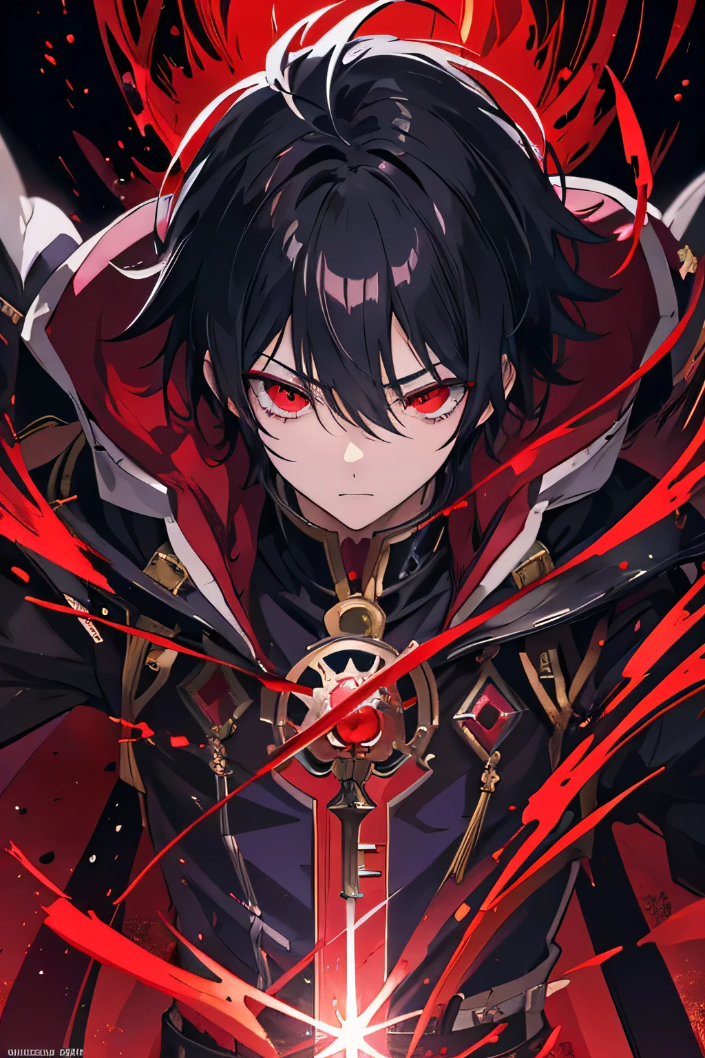 Anime boy with red light in hand, shadow young wizard, Epic anime style, anime key artโดยละเอียด, Shadowverse style, Fantasy style anime, Demon Man, anime key art, conjunctivitis, black hair, chief&#39;A strong man in uniform fights against demons.