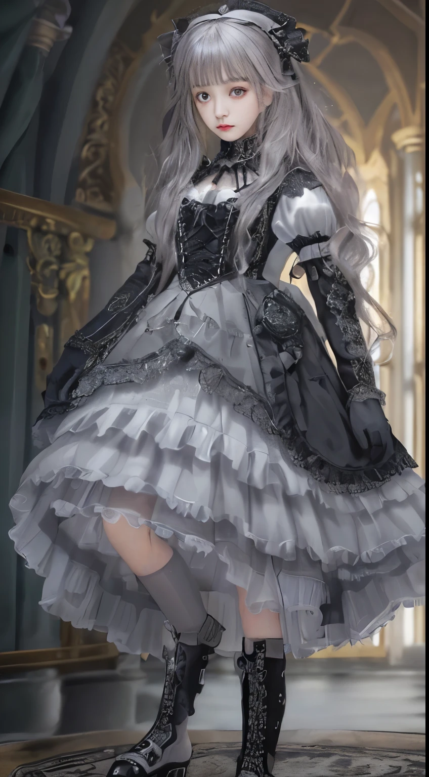 (((Masterpiece, top quality, ultra-detailed))), (((1 Infinity Mage Girl))), , (((very detailed face))), small thin nose, small thin-lipped mouth, (((very true to life sharp focused eyes))), (((very large slit precision pale grey eyes, sparkling like jewels))), Very long eyelashes, ((Very thick fringes, long black hair in vertical curls))), ((Steampunk fashion, Gothic Lolita fashion)), ((Incredible quality photorealistic)), (((Very dramatic and dark lighting))),