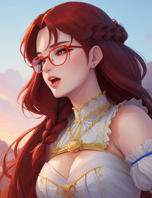 (high quality, 8K, 4k, high contrast, masterpiece:1.2, 最high quality, best aesthetics), (dynamic angle), ((1 female)), erotic, sexy, mature body, JK, , Braid, Glasses, Sexy lips, excited, Chairman, dress, open your mouth.