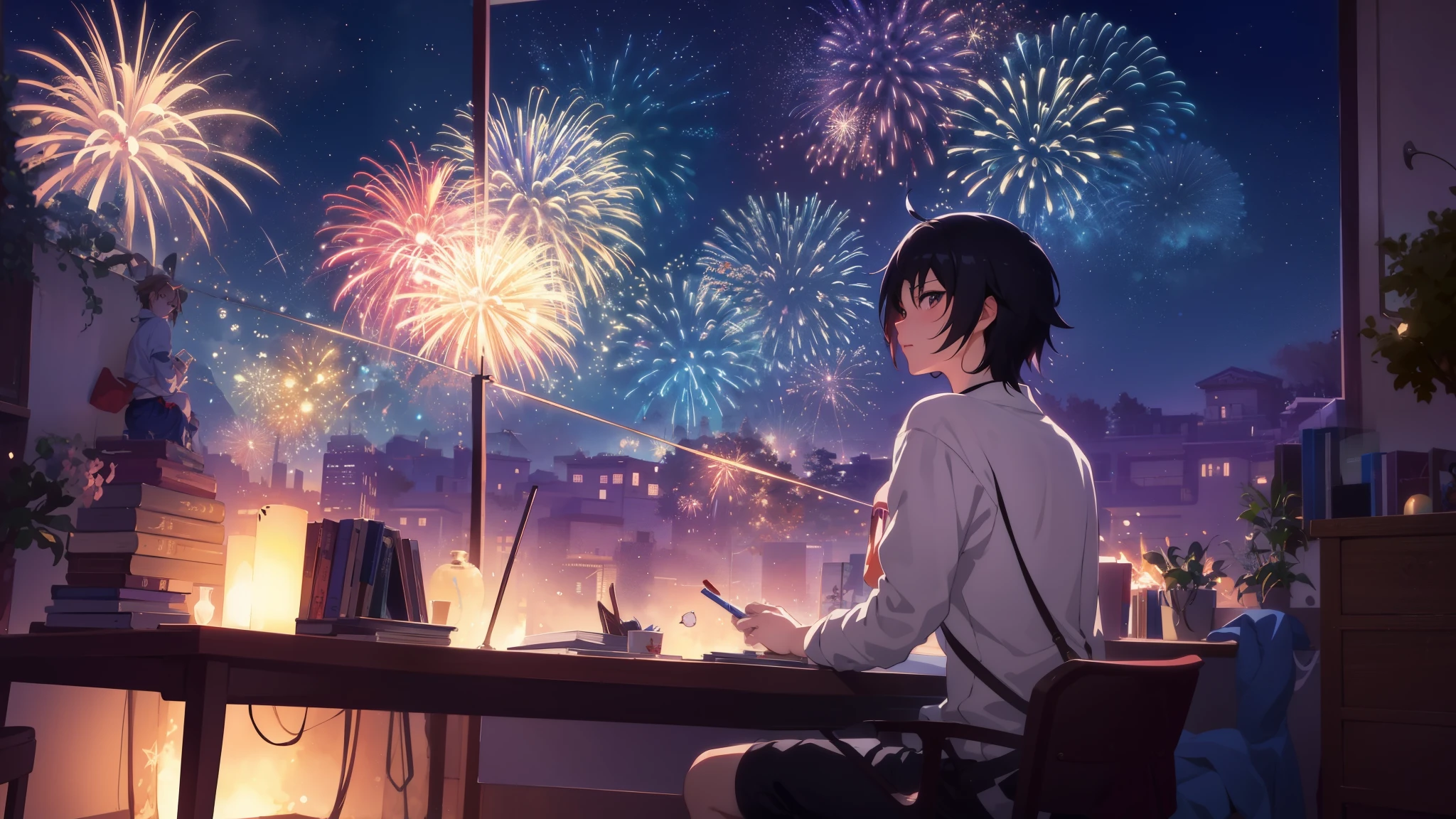 Sitting at a desk with a book and a book open、窓の外でfireworkを見ているアラフェッドの女の子, 線香firework, [ firework in the sky ]!!, firework, firework in the background, anime art wallpaper 4k, anime art wallpaper 4k, Anime Background Art, Anime Art Wallpapers 8K, Anime Style 4k, makoto shinkai cyril rolando