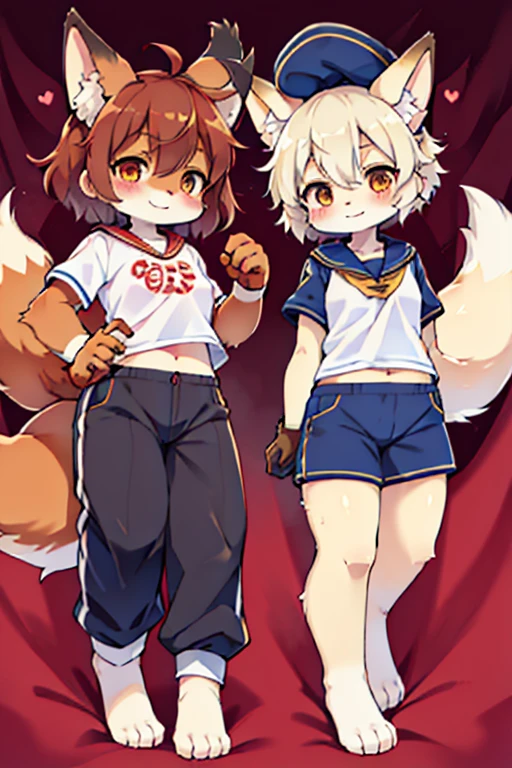 2 females, fox and raccoon, Furry, Beastman, animal hair, tail, Sailor suit, Short sleeve, Jersey pants, Long trousers, gloves, barefoot, sole