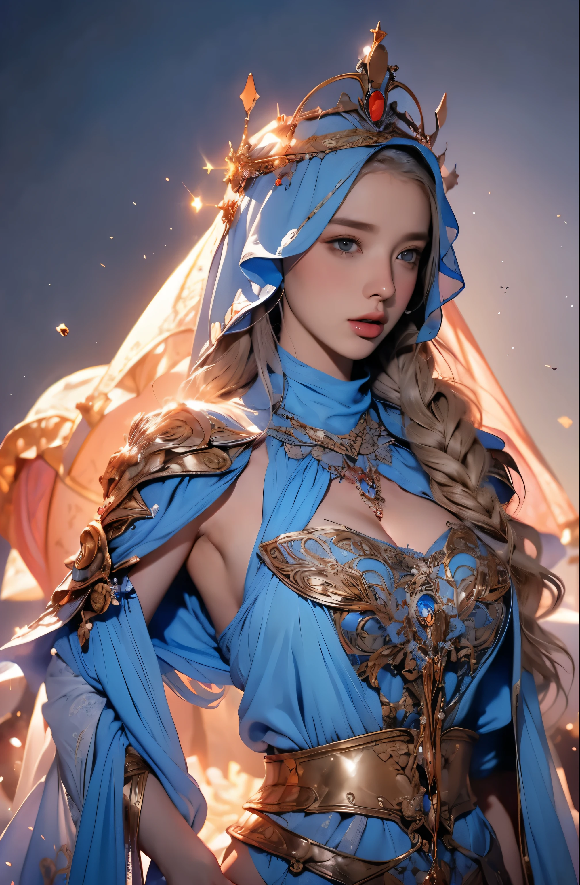 Erect nipples, wearing a hijab , luxury hijab,crown luxury , blue eye, blond hair, around 17 years old, (gold ), tmasterpiece,Best quality at best,A high resolution,8K,((Portrait)),front (upper body),Original photo,real photograph,digital photography,(Female princess in the medieval fantasy style), sexy princess ,blue eye, super colossal breast, round colossal breast ,open kissing lips,Keep your mouth shuegant and charming,((Blushing)),virgin contempt,Calm and handsome,(Medieval fantasy dress,The Beautiful super huge round breast, small waist, perfect colossal breast of princess body, a blue delicate pattern,silver Cloak),(princes medieval character medieval fantasy style,oc render reflection texture, fighting style, sexy colossal breast , medieval castle background, slim body, very small waist,