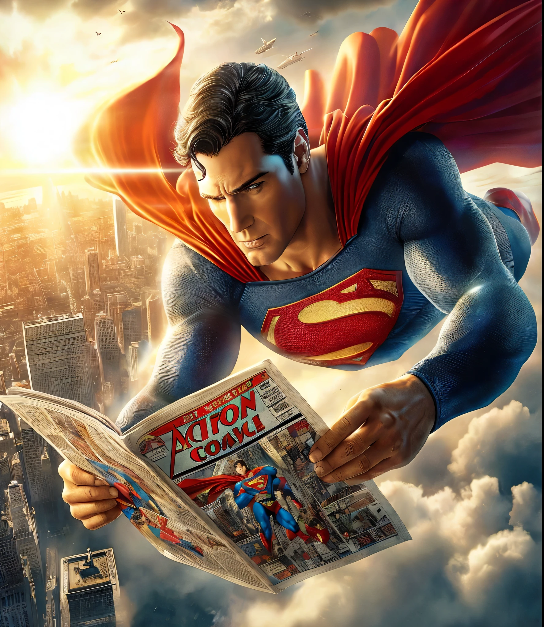 superman is flying over a city reading a newspaper, superman, superman is high, dc comics art style, superman pose, super high resolution, superman emerging from the sun, dc comic, 8k comic art, cg art, super high definition, martin ansin, hd artwork, fan art, nicholas cage as superman, official art, gabe newell as a superman