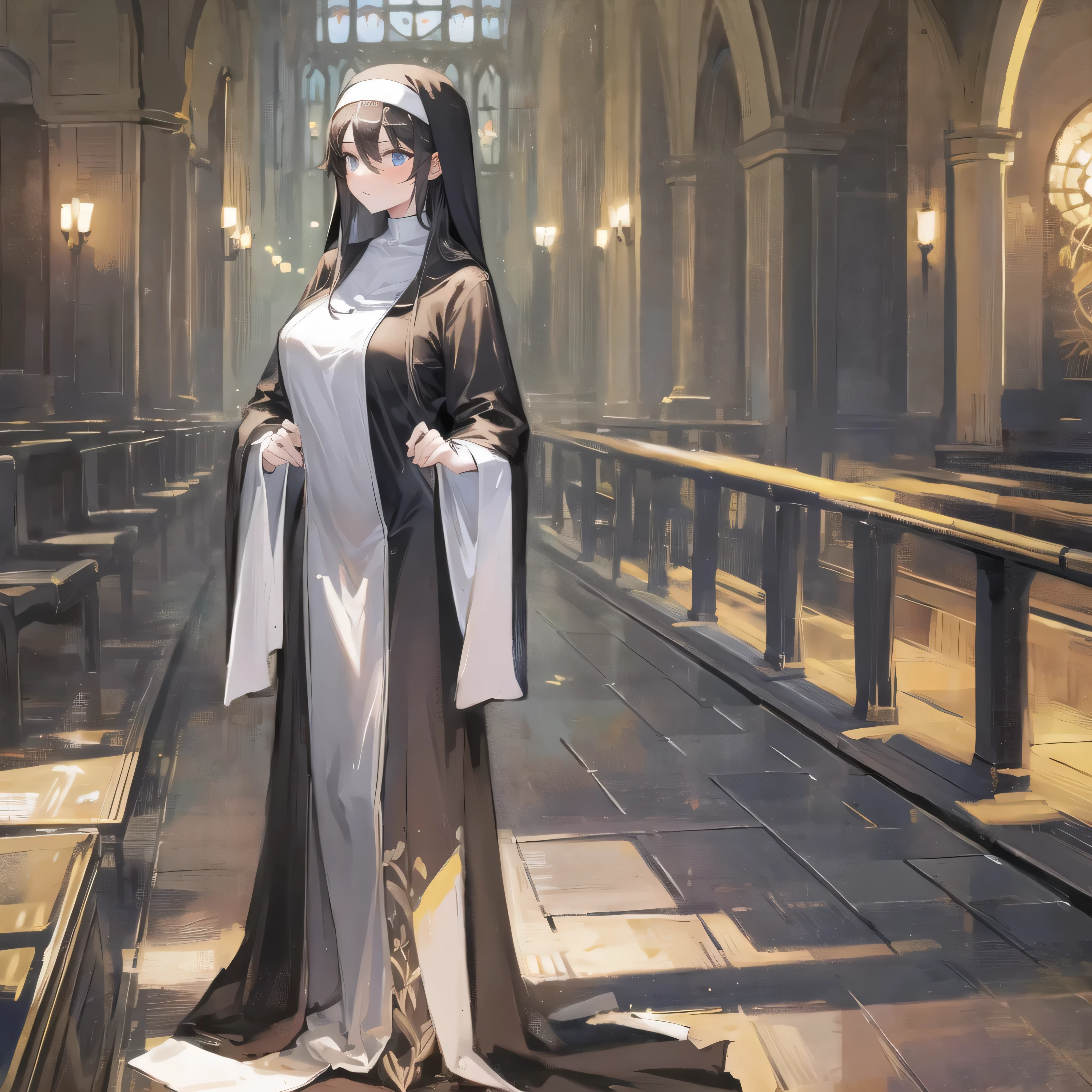 (solo), (1 praying cute nun:1.3) standing in church, (praying with holding hands together over chest:1.2), very skinny, (sheer long black robe:1.5), (gigantic breasts:1.3), (bursting perky breasts:1.2), inconceivably narrow waist, too short torso, skinny long legs, closing eyes, nose blush, open mouth, (heavy breathing:1.2), stained glass in distance, full body, 8k, ultra-detailed, masterpiece, beautiful detailed hair