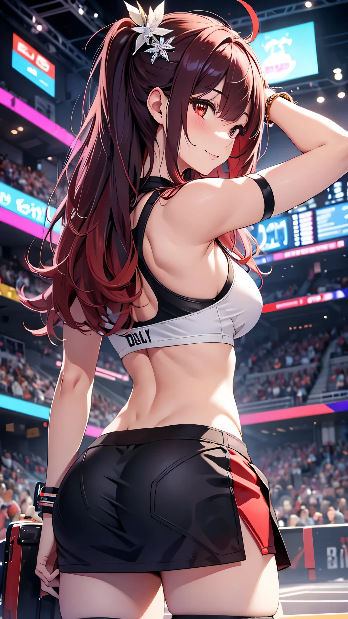 最high quality、Best image quality、masterpiece、girl((20-year-old、 By becoming、Best Bust、Medium Bust,Wide open breast tea、red glowing eyes, Black and red hair、Disheveled Hair、Long Hair、thin,The highest valley、White tank top、Red short skirt、Open chest、White wristband、smile、Leaning forward、hair ornaments、Angle from behind、Lointail、Looking at smartphone、Movement to go up the stage、Sports Cap、Many accessories)),high quality、Beautiful art、background((futuristic city、stage,Arena))、Flight、Flying debris、Written boundary depth、movie、Visual Arts、Perfect art、8K,Genuine、