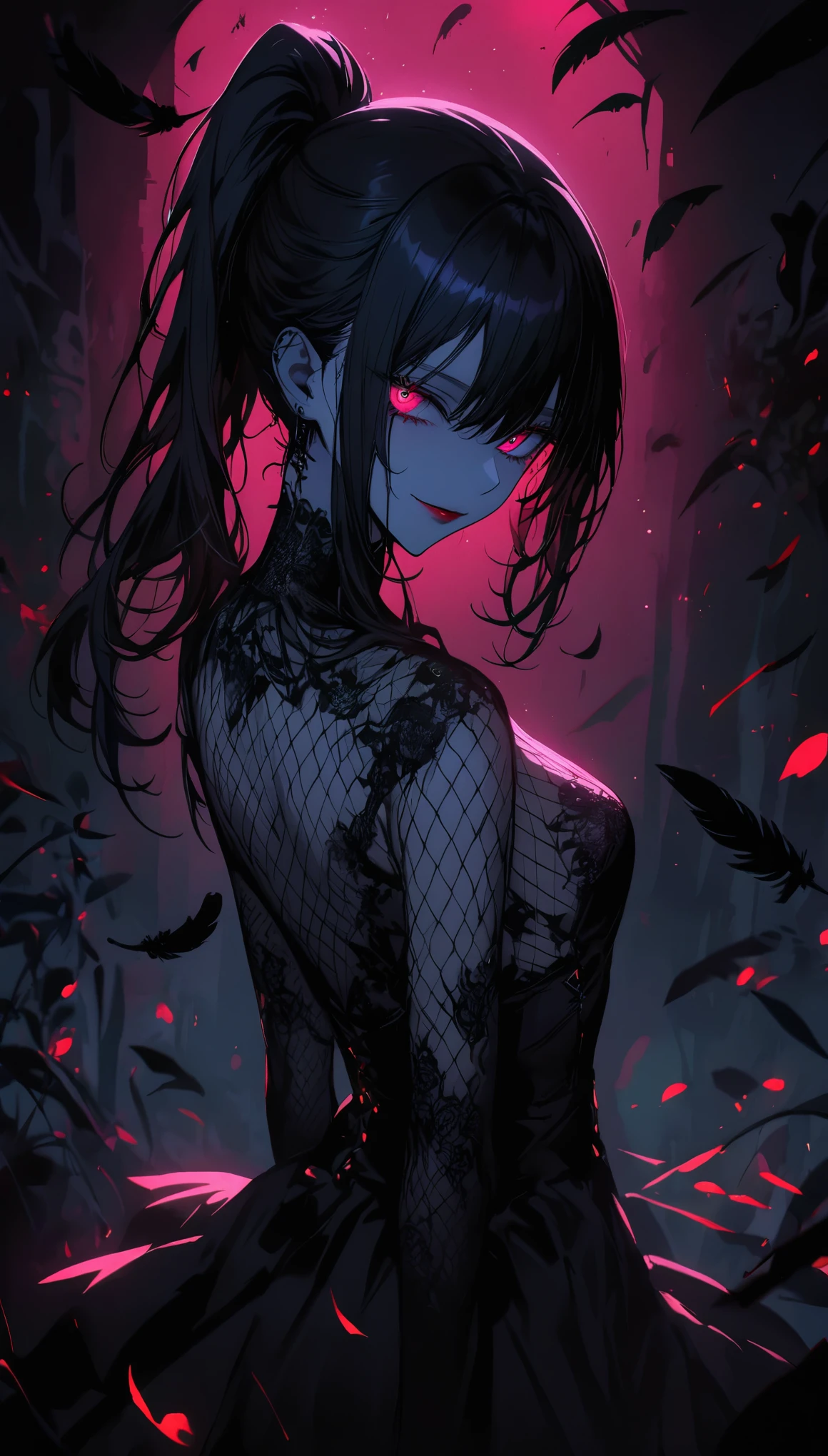 （dark atmosphere，gothic fashion，bright colors），（best quality，Super exquisite，），Sexy goth Vampire girl，In the rose garden at night，Beautiful and delicate eyes，Straight black ponytail with blue tips，Crow feathers，red lipstick，mysterious smile，Pale complexion，fishnet stockings，black lace dress，Pointed-toe bootysterious aura，The moonlight illuminates her elegant silhouette，Soft shadows and soft highlights，Contrasting colors create a vibrant atmosphere，dark and moody color palette，Subtle yet dramatic lighting effects，Sublime darkness intertwined with exquisite moonlight, She's tall and mature