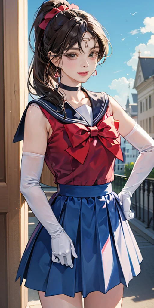 best quality, (masterpiece:1.2), highly detailed, standing, outdoors, building, school, FEMALE hand on hips 1girl, solo, standing, looking at the viewer, smile, sign to viewer brown hair, ponytail, brown eyes, scrunchie, (sailor senshi uniform), circlet, jewelry, earrings, choker, red bow, white gloves, elbow gloves, blue skirt