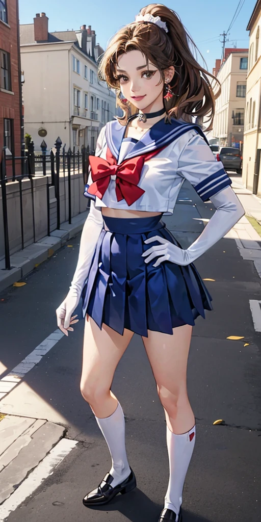 best quality, (masterpiece:1.2), highly detailed, standing, outdoors, building, school, FEMALE hand on hips 1girl, solo, standing, looking at the viewer, smile, sign to viewer brown hair, ponytail, brown eyes, scrunchie, (sailor senshi uniform), circlet, jewelry, earrings, choker, red bow, white gloves, elbow gloves, blue skirt