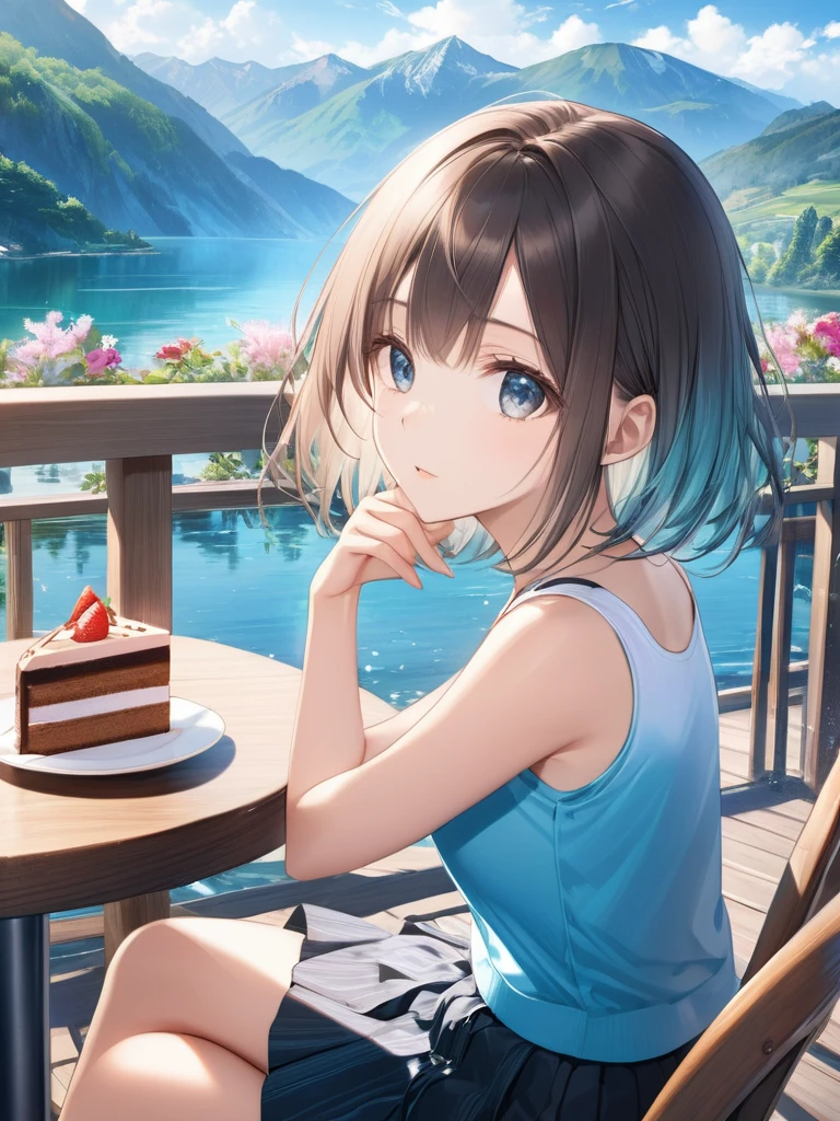 (masterpiece:1.2)), (best quality),(ultra detailed),(extremely detailed),(absolutely resolution) ,absurdres,8k, 1girl-drinking-hot-coffee-in-cafeteria-outdoor,sitting-on-the-woody-chair, open-terrace, beautiful-landscape-background, mountain, shinny-lake, flowers, cake,
BREAK, (looking-away:1.4), ultra detailed eyes, bobcut, (gradation hair:1.3), tanktops, skirt,