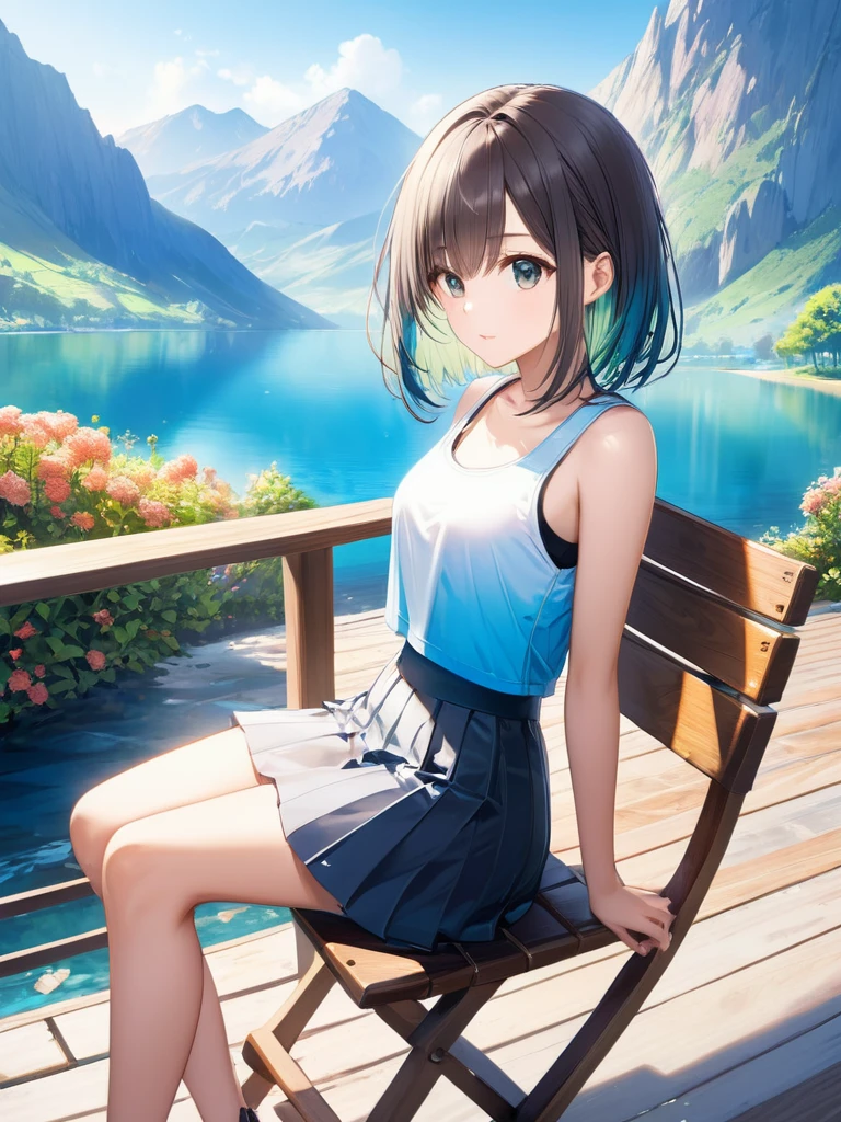 (masterpiece:1.2)), (best quality),(ultra detailed),(extremely detailed),(absolutely resolution) ,absurdres,8k, 1girl-drinking-hot-coffee-in-cafeteria-outdoor,sitting-on-the-woody-chair, open-terrace, beautiful-landscape-background, mountain, shinny-lake, flowers, cake,
BREAK, (looking-away:1.4), ultra detailed eyes, bobcut, (gradation hair:1.3), tanktops, skirt,