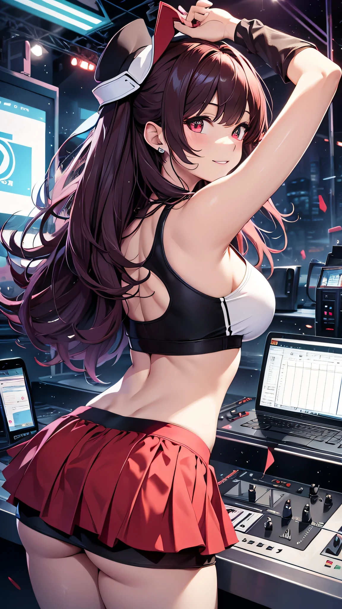 最high quality、Best image quality、masterpiece、girl((20-year-old、 By becoming、Best Bust、Medium Bust,Wide open breast tea、red glowing eyes, Black and red hair、Disheveled Hair、Long Hair、thin,The highest valley、White tank top、Red short skirt、Open chest、White wristband、smile、Leaning forward、hair ornaments、Angle from behind、Lointail、Looking at smartphone、Movement to go up the stage、Sports Cap、Many accessories)),high quality、Beautiful art、background((futuristic city、stage,DJ booth))、Flight、Flying debris、Written boundary depth、movie、Visual Arts、Perfect art、8K,Genuine、