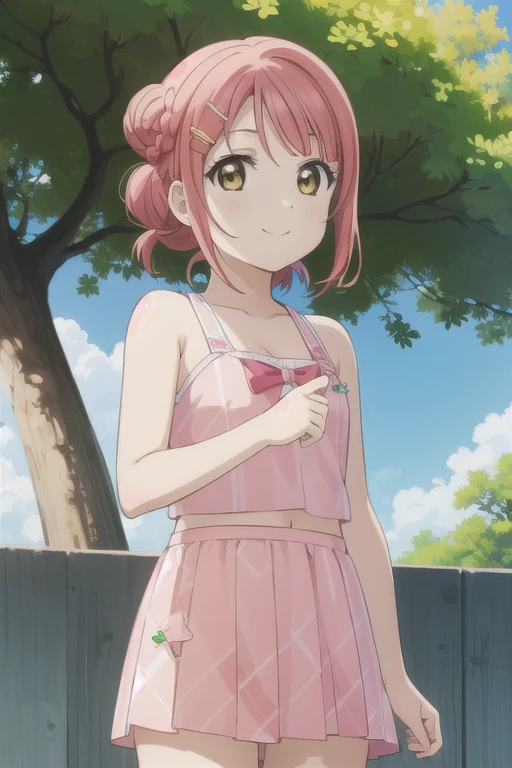 (highest quality, masterpiece:1.2), One girl, alone, cute, View your viewers, smile, Mouth closed, Cowboy Shot, Outdoor,
uehara ayumu, Nijigasaki anime style, One-sided bun, nijigasaki academy , Yellow Eyes, Medium Hair, Braided bun, Pink Hair,bikini,Swimwear,
