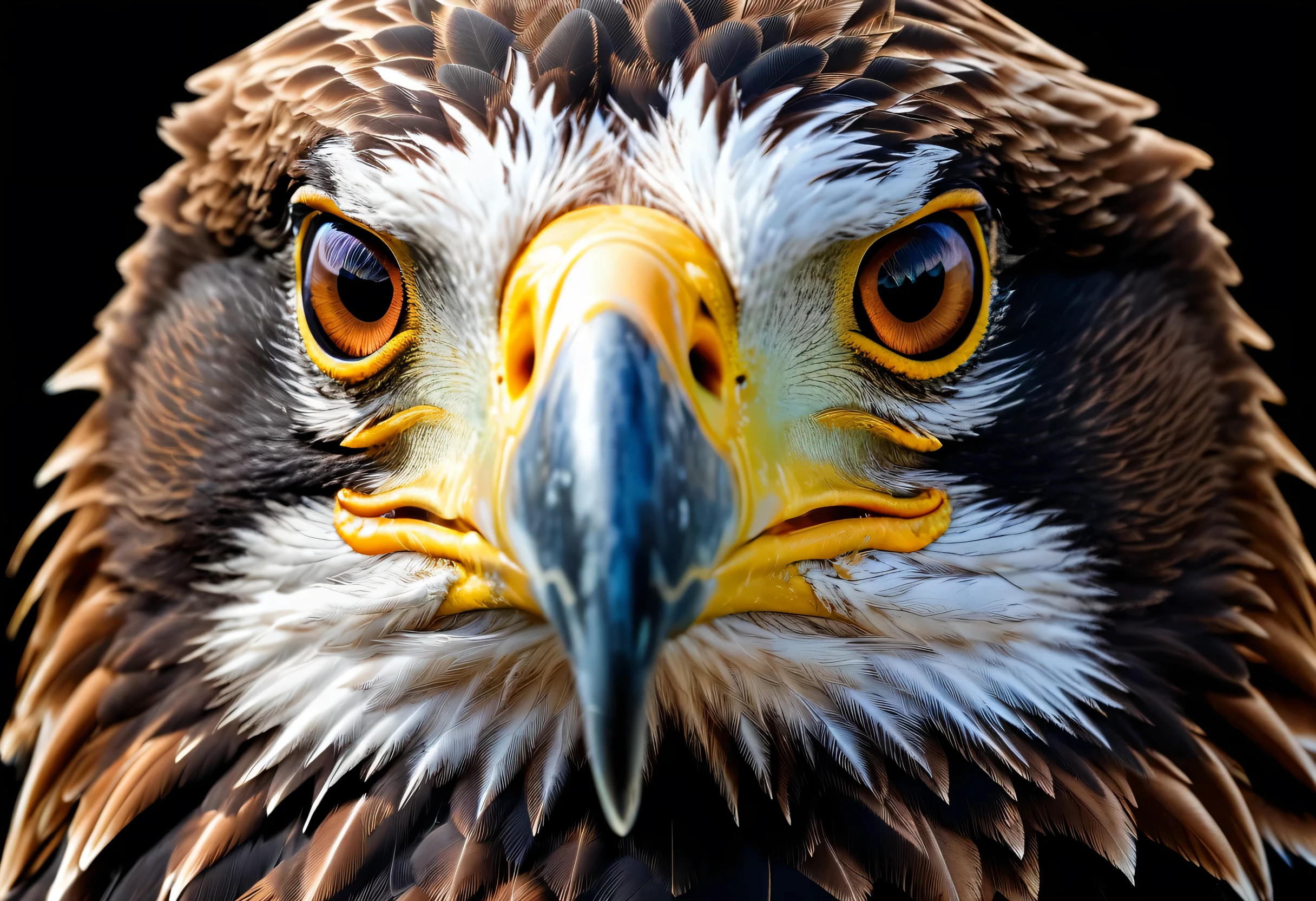 There is a close-up of a bird of prey on a black background, with the beak of an eagle, eagle head, head of an eagle, beak of an eagle, an eagle, eagle beak, Intense expression, sharply focused, Intimidating gaze, There was fear and anger in their eyes., eagle, second eagle head, Angry, Aggressive facial expression, Intense expression 4k