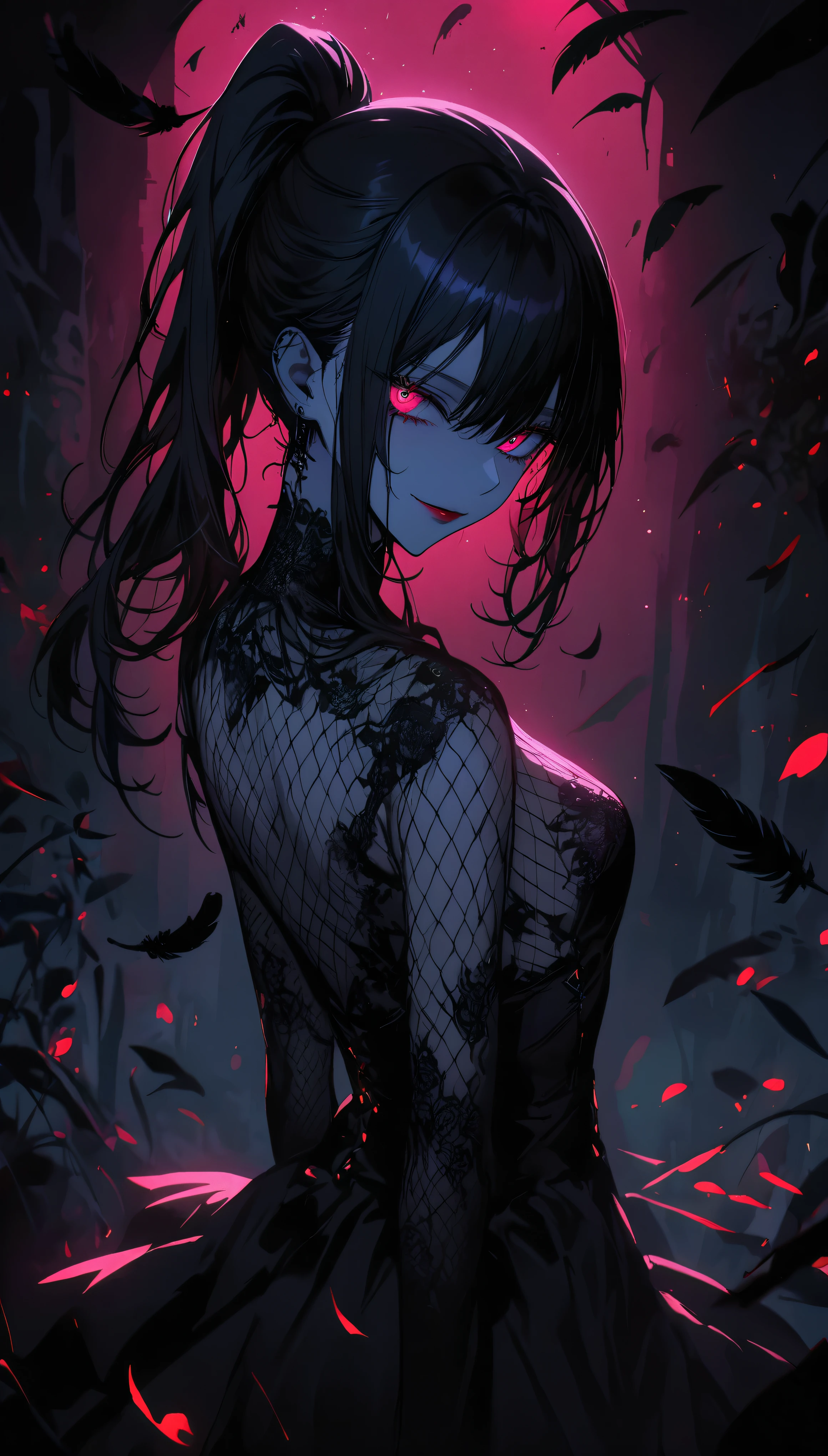(dark atmosphere,gothic fashion,bright colors),(best quality,Super exquisite,),Sexy goth Vampire girl,In the rose garden at night,Beautiful and delicate eyes,Straight black ponytail with blue tips,Crow feathers,red lipstick,mysterious smile,Pale complexion,fishnet stockings,black lace dress,Pointed-toe bootysterious aura,The moonlight illuminates her elegant silhouette,Soft shadows and soft highlights,Contrasting colors create a vibrant atmosphere,dark and moody color palette,Subtle yet dramatic lighting effects,Sublime darkness intertwined with exquisite moonlight, She's tall and mature