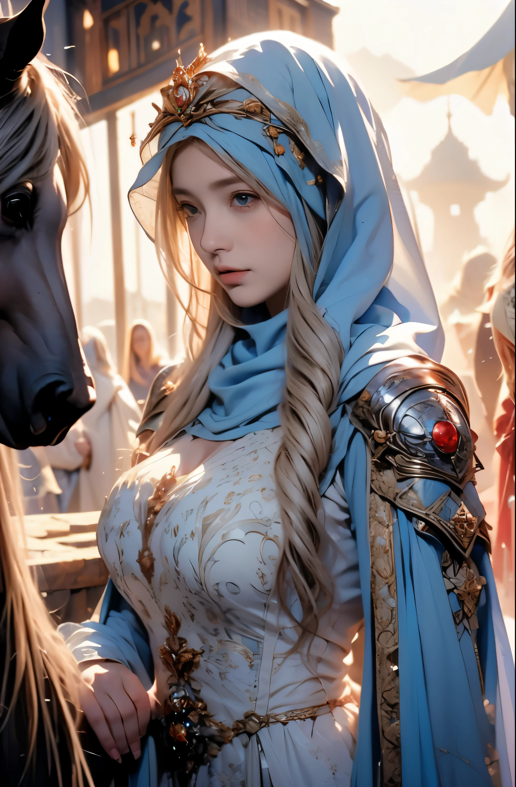 wearing a hijab , blue eye, blond hair, around 17 years old, (golden silver hijab), tmasterpiece,Best quality at best,A high resolution,8K,((Portrait)),(upper body),Original photo,real photograph,digital photography,(Female princess in the medieval fantasy style),(Medieval princess in fantasy style), sexy princess ,blue eye, super colossal brest, round colossal breast extravagant ornament,cparted lips,Keep your mouth shuegant and charming,((Blushing)),virgin contempt,Calm and handsome,(Medieval fantasy dress,The Beautiful super huge round breast, small waist, perfect colossal breast of princess body, a blue delicate pattern,red Cloak),(princes medieval character medieval fantasy style,oc render reflection texture, sexy style, sexy colossal breast , medieval castle background, slim body, very small waist,