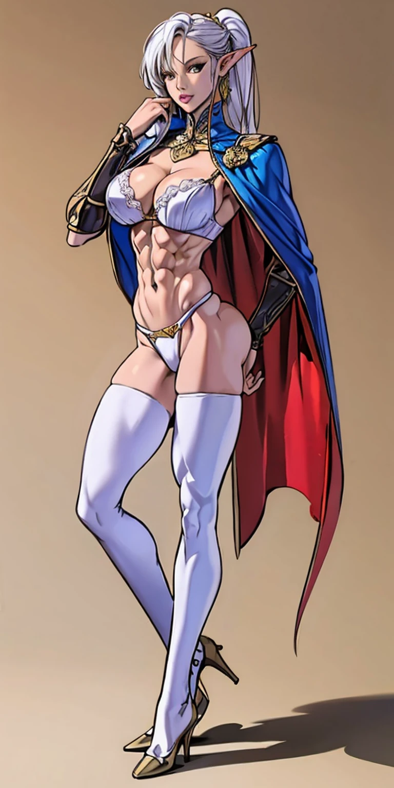 extremely long hair , ponytail, perfect anatomy 1 girl tall solo, slim thick, ((muscular)) high elf toned body, silver breast plate, blue cape, slender abs, hourglass waist, detailed face, defined cheekbones, puffy lips, gauntlets, gold crown, shadow over eyes, looking at viewer, masterpiece, white thigh highs lingerie, high heels