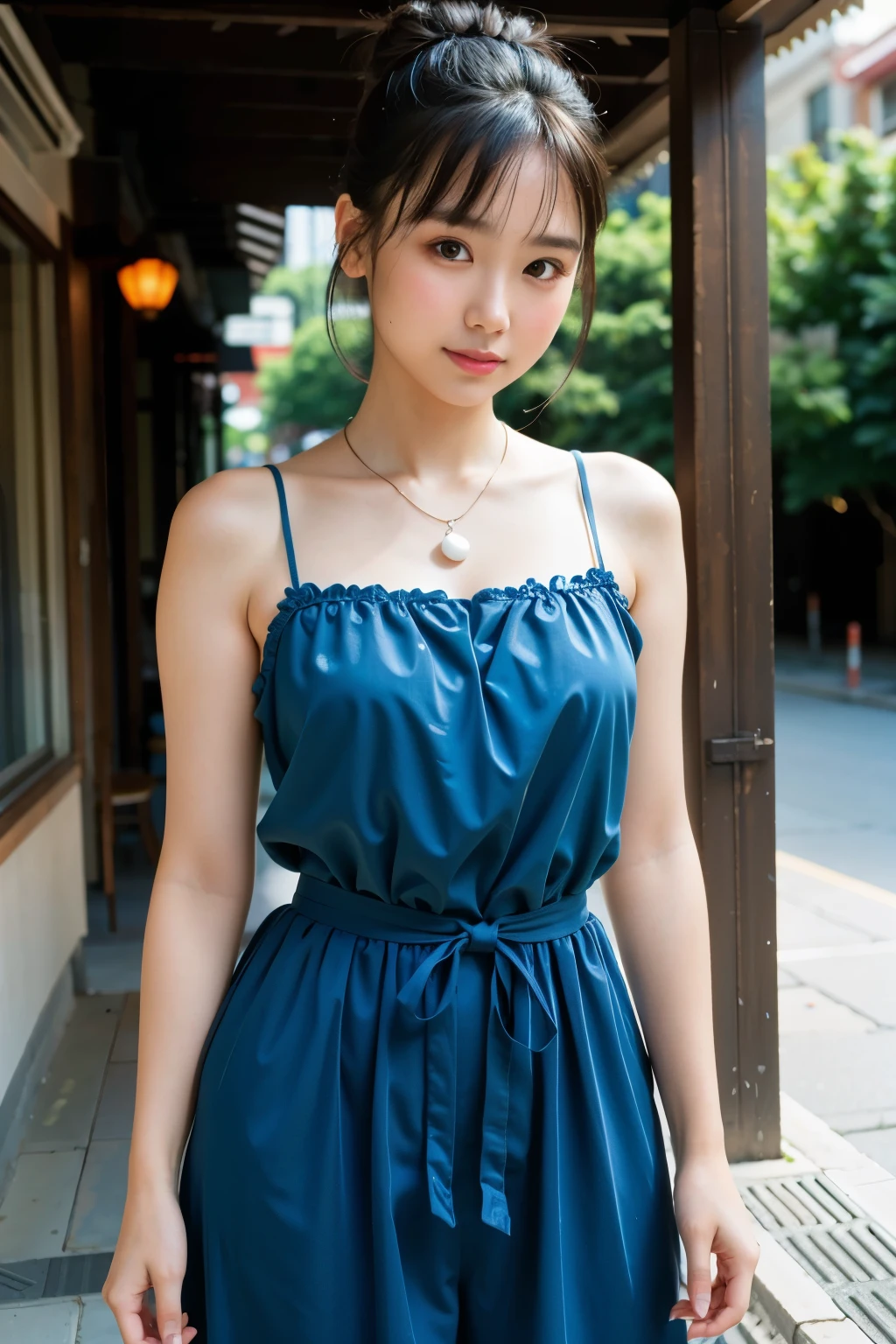 A beautiful Asian girl with a neat bun atop her head adorned with a delicate necklace, a captivating smile gracing her face, and her figure bathed in gentle sunlight. She is dressed in blue attire, each fabric seam and detail perfectly rendered in high definition, the color vibrant and true to life. The sunlight filters through the scene, casting soft shadows and highlighting her features with a cinematic quality that would make this a masterpiece of 8K, top-quality, RAW photograph worthy of the title of a stunning work of art. The depth of field effect adds to the intricacy of the scene, keeping the focus on the girl while subtly blurring the background city