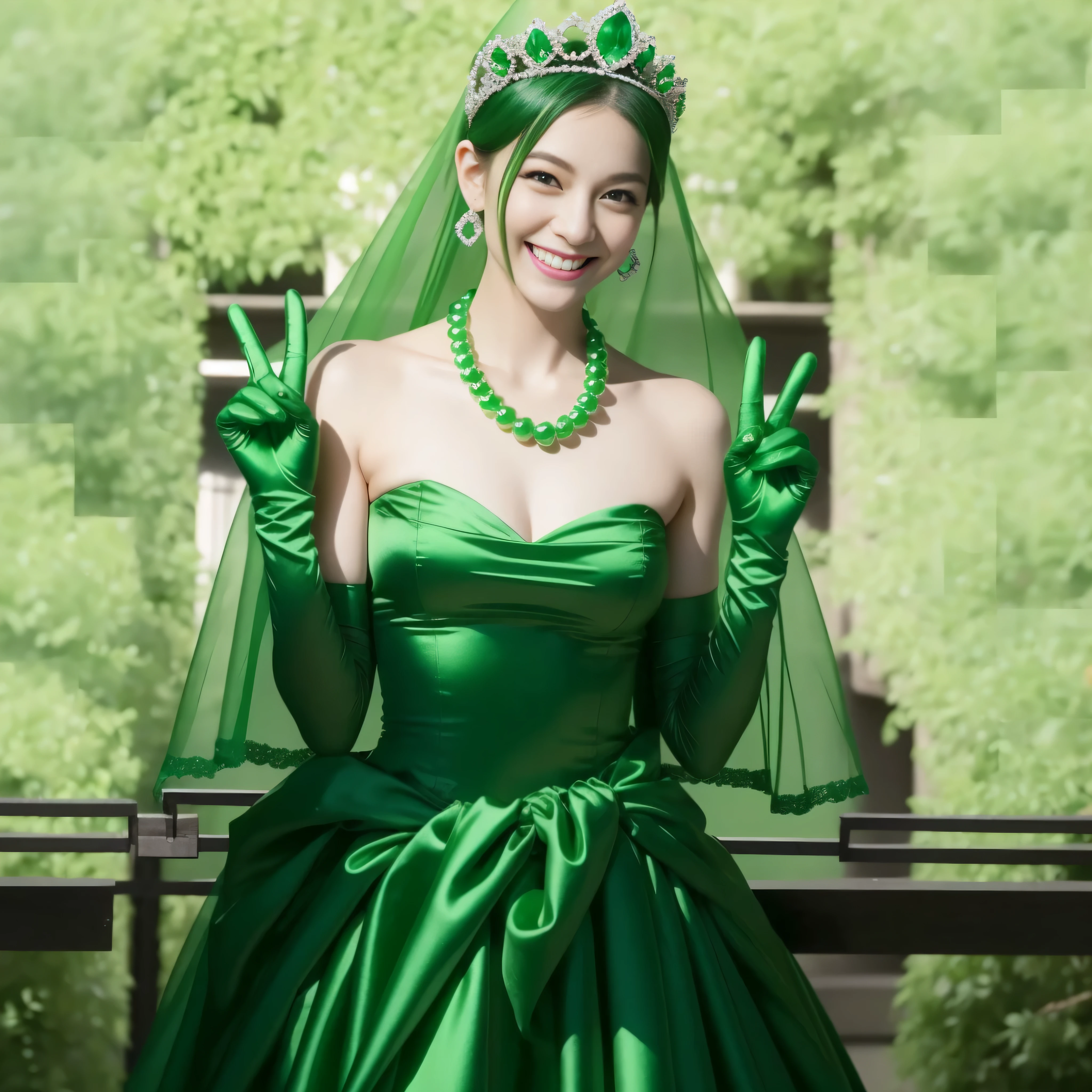 Emerald tiara, Green Pearl Necklace, Boyish very short green hair, lipstick, Smiling Japanese woman, Very short hair, Big tits beautiful, Green Eyes, Long green satin gloves, Green Eyes, emerald earrings, Green Veil, v sign
