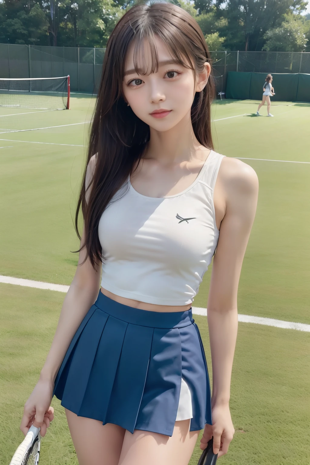 Girl and girl, ((tennis wear)), light smile, outdoor, skirt fluttering in the wind