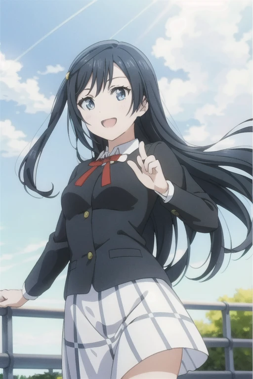 (highest quality, masterpiece:1.2), One girl, alone, anime, anime screencap,  Ray Tracing, Global Illumination, ultra hi resolution picture, Bright colors,  Cinematic Light,  Lens flare,  Light on the face, Glowing Eyes,  Depth of written boundary, Happy, Detailed Background, cute,  Straight, smile, View your viewers, Outdoor, null, cloud, 
 yuki setsuna, Cowboy Shot