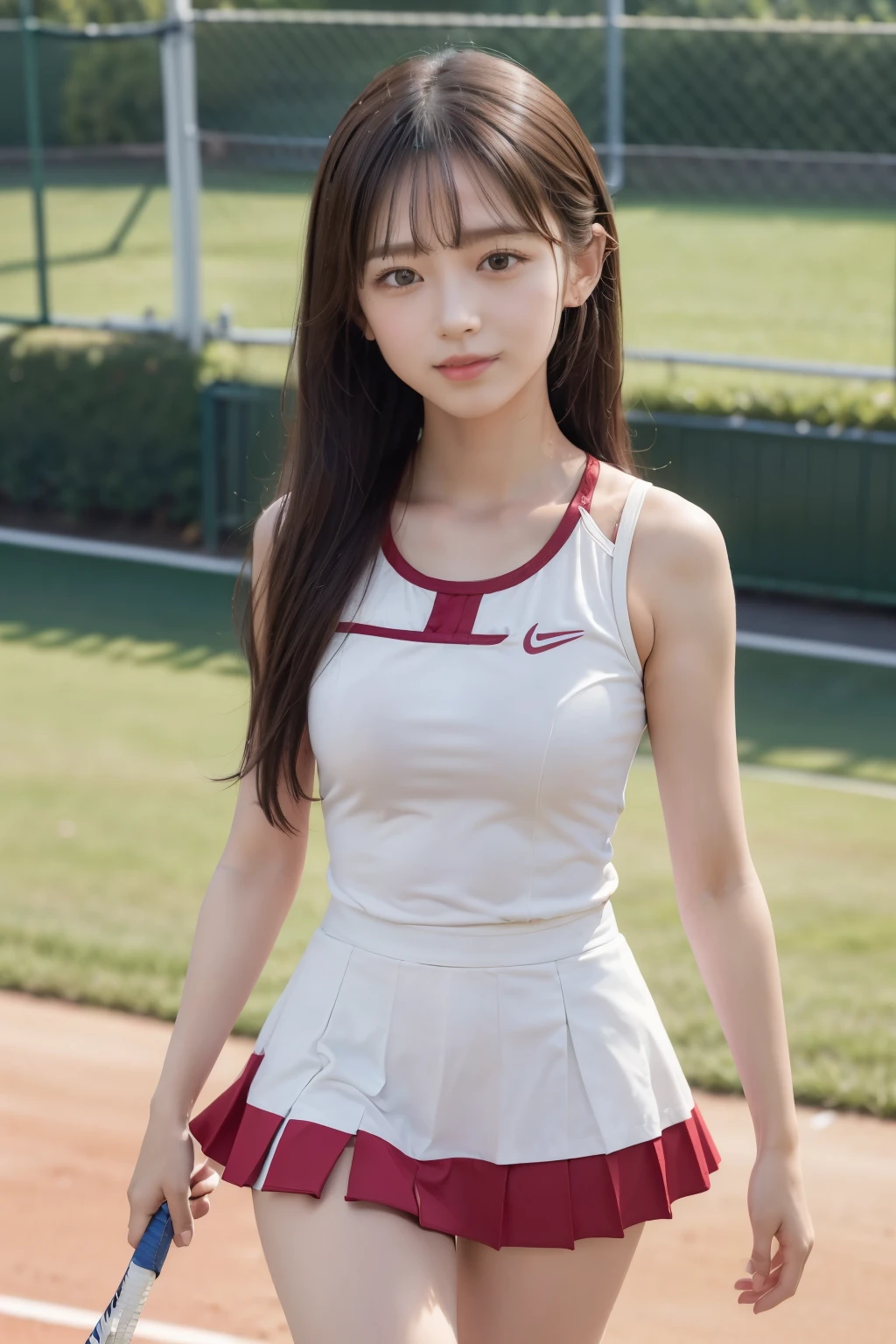 Girl and girl, ((tennis wear)), light smile, outdoor, skirt fluttering in the wind