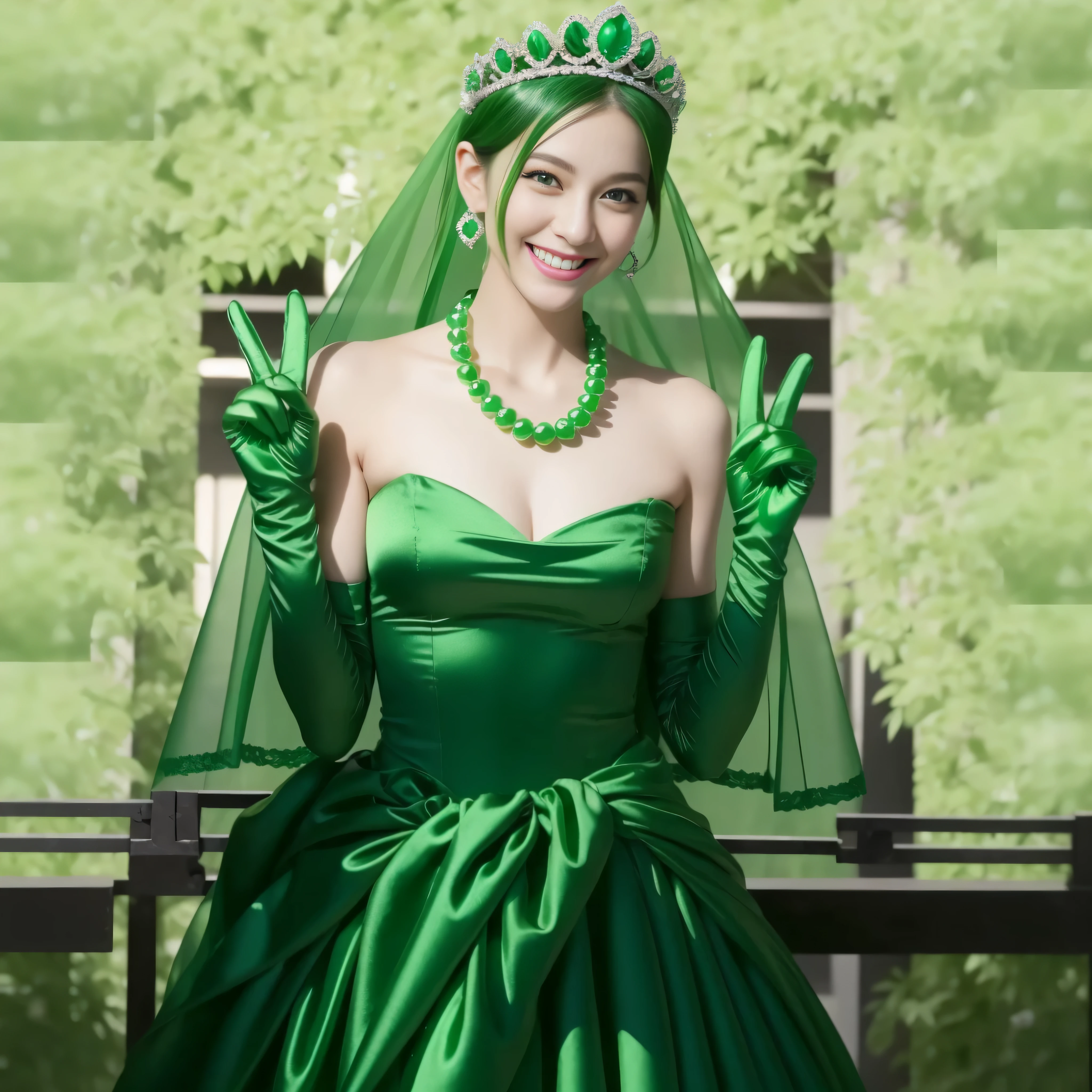 Emerald tiara, Green Pearl Necklace, Boyish very short green hair, lipstick, Smiling Japanese woman, Very short hair, Big tits beautiful, Green Eyes, Long green satin gloves, Green Eyes, emerald earrings, Green Veil, v sign