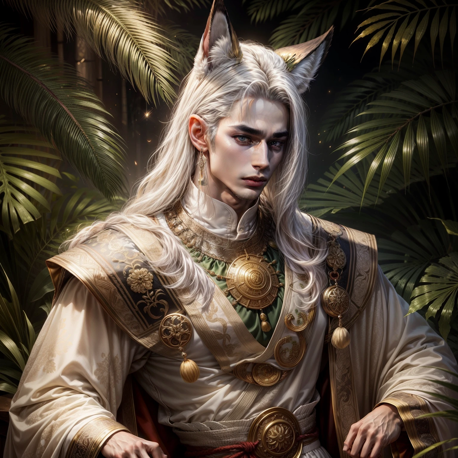 best quality,Masterpiece,young man with beautiful face,21 years old,Slimming body,My hair is golden with silver sparkles.,has fox ears,fox tribe,Wearing a scholar's outfit with a bamboo leaf pattern, black and green tones.,Handsome and beautiful face,Has a playful, cunning look in his eyes.,crazy energy,Powerful, with resolute eyes,Has beautiful white skin like a woman's.,Stick out your tongue,Top quality pull-ups for the upper body.