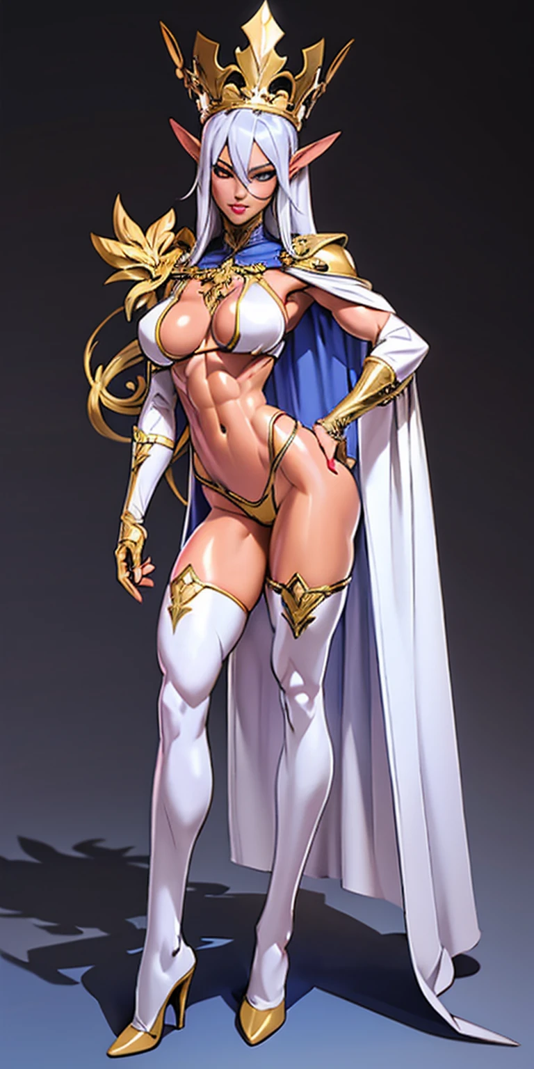 extremely long hair , ponytail, perfect anatomy 1 girl tall solo, slim thick, ((muscular)) high elf toned body, silver breast plate, blue cape, slendered abs, hourglass waist, detailed face, defined cheekbones, puffy lips, gauntlets, gold crown, shadow over eyes, looking at viewer, masterpiece, white thigh highs lingerie, high heels