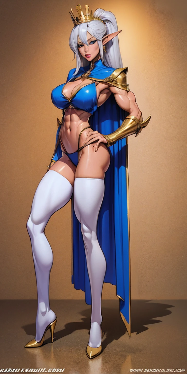 extremely long hair , ponytail, perfect anatomy 1 girl tall solo, slim thick, ((muscular)) high elf toned body, silver breast plate, blue cape, slendered abs, hourglass waist, detailed face, defined cheekbones, puffy lips, gauntlets, gold crown, shadow over eyes, looking at viewer, masterpiece, white thigh highs lingerie, high heels