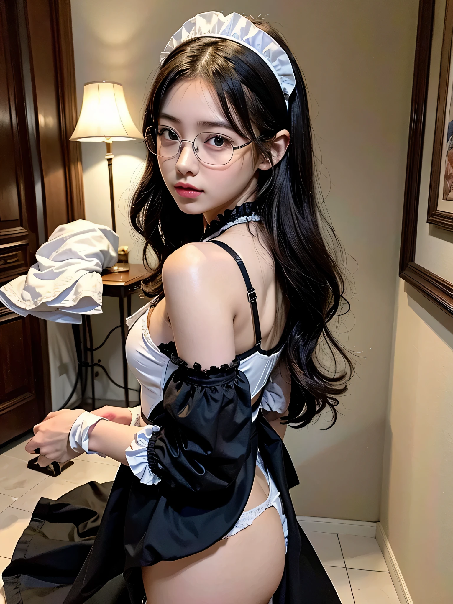 Best quality: 1.4, high resolution, perfect lighting, (1 girl), 20 years old, glasses, big butt, panty shots, black maid outfit, white frilly headband, cleaning