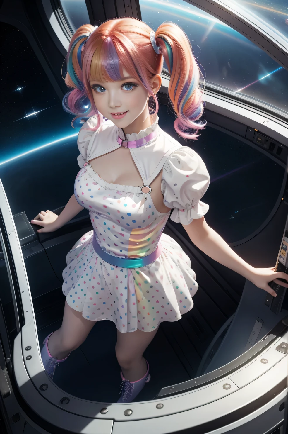 (overhead view) Cute redhead with rainbow colored hair tips, ribbons in her hair, 18-year-old woman, happy, smiling, in twin tails, perfect eyes, clear sparkling blue eyes, pale skin, silky smooth skin, flying a fancy metal luxurious space ship, futuristic cockpit, she's a pilot, outer space seen in windows, dark warm lighting, wearing a futuristic dress, pleated (chemise) mini dress (pastel rainbow colors, and polka dots), puffy sleeves, silk, wearing full body pantyhose, cute short cut booties, boots.