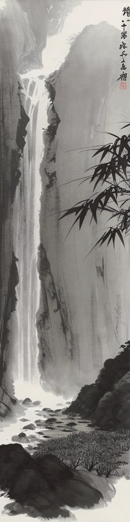shukezouma, negative space, , shuimobysim , bamboo forest,waterfall, boate,traditional chinese color painting,