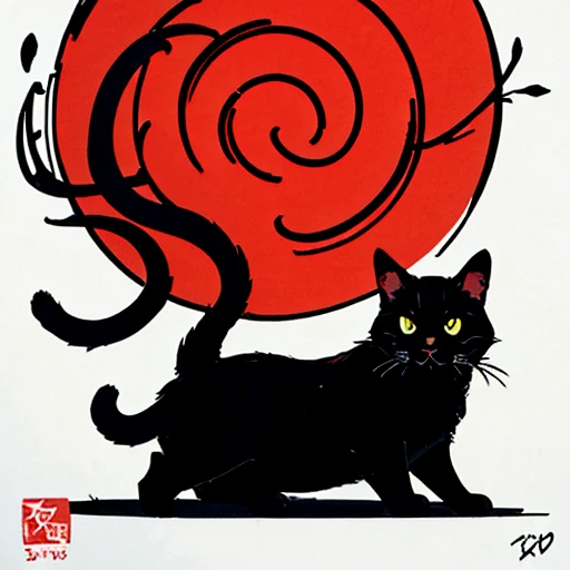 Traditional Tattoo Flash、Old School Tattoo Design、(Cute black cat)、Flat illustration、Vector art,、Face Up、head shot、anime taste、Logo