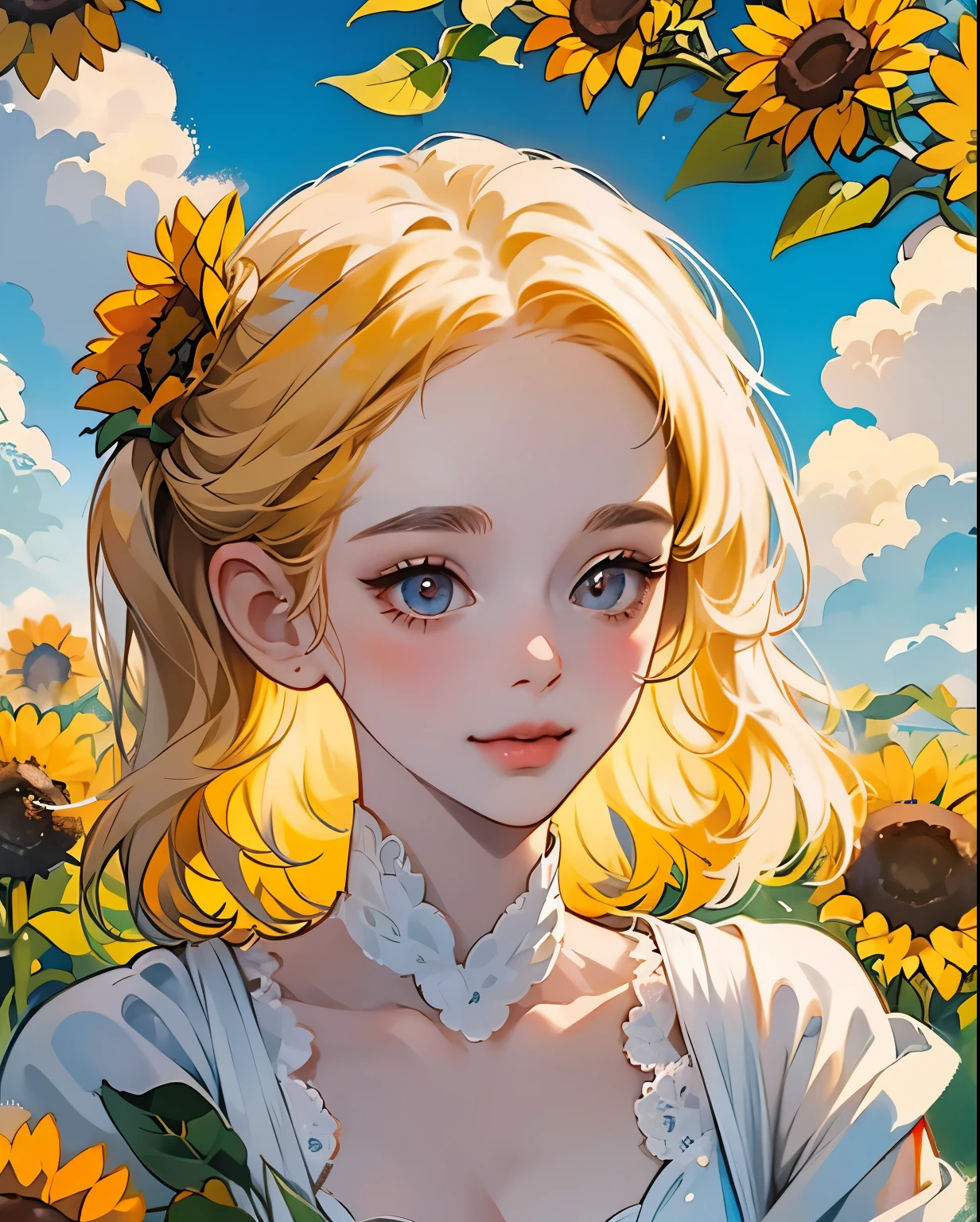 masterpiec, high quality, 1girl, Golden hair，Sunflowers are worn on the head, Clouds, closeup cleavage, brightly, cheerfulness, Colorful, (Shape, lineworks, abstracted: 1.1),  finely detailed eyes and detailed face,