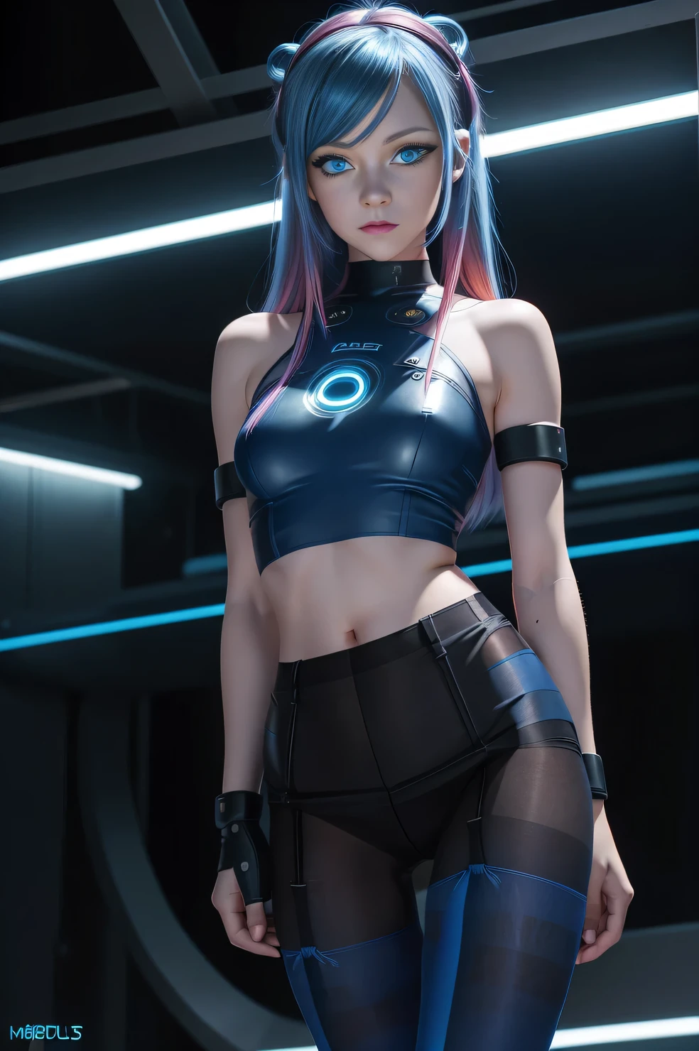 Best Quality, 4K, 8K, 1girl, 17 Y O, ((Cyberpunk: 2)), (Combat Ready), ((Humanoid Female Cyborg: 1.2)), ((Sports Bikini with Equipment: 1.2)), ((Highly Detailed Face: 1.2)), Cool Beauty, (Short Cut), (Long Boots), ((Instruments)), ((Blue Hair)), ((Red Eyes))