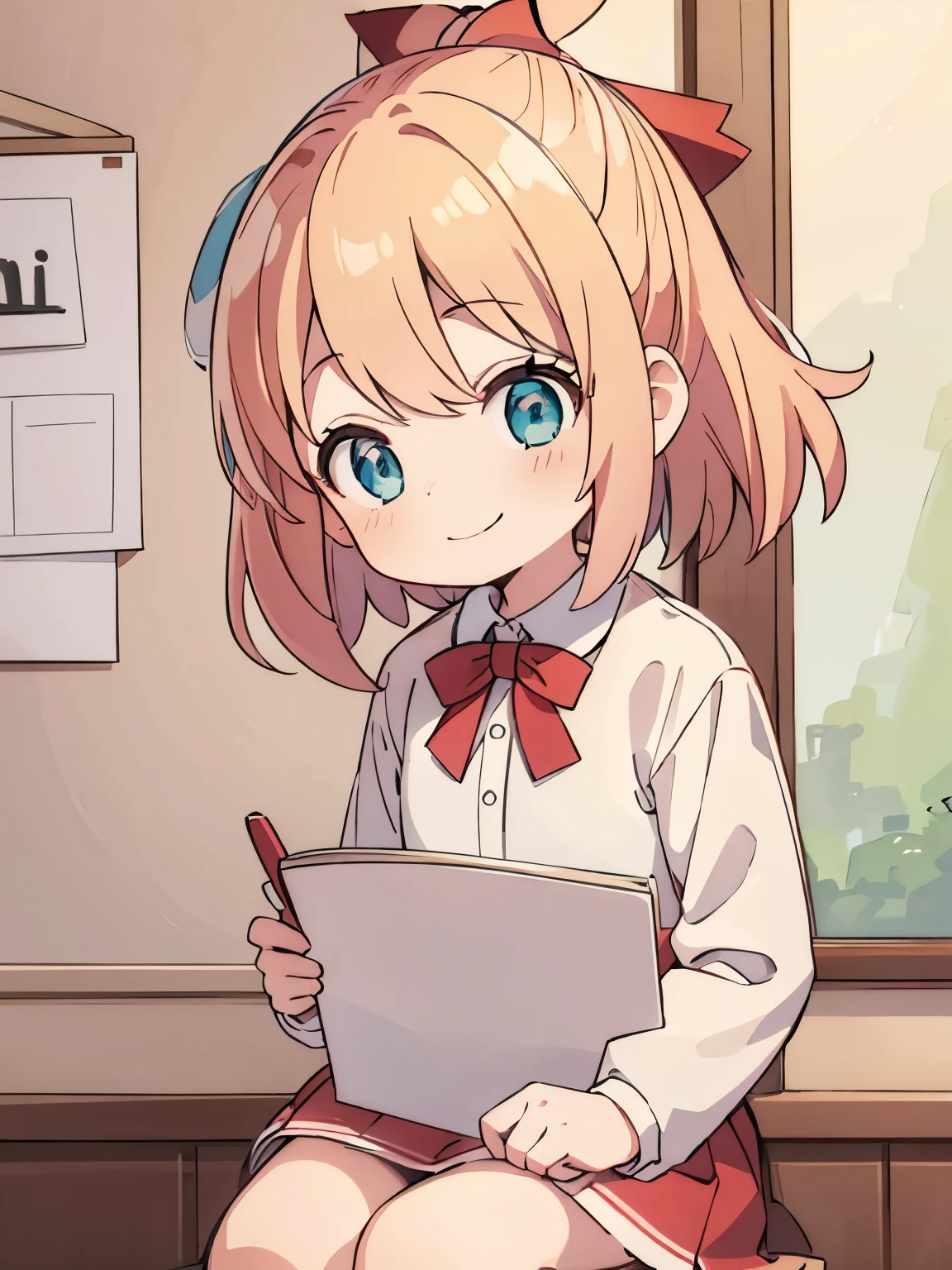 1girl,6 years old,blonde hair,Sitting,Facing right, camera angle from the side, looking away,smile,Showing drawing paper,blonde hair,blonde hair,short hair, blue eyes,White short shirt, red bow tie, red short skirt, red ribbon ponytail,full body photo,very short hair, side bangs,ultra detail, ultra HD