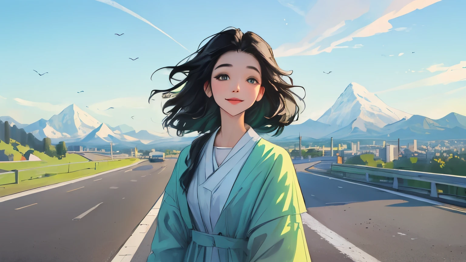((masterpiece)),(((bestquality))),((ultra-detailed)) realisticlying, 1 girl, Beautiful, black hair, happy, The sky morning, looking to viewer, soft green, city, road, mountain. sky blue.