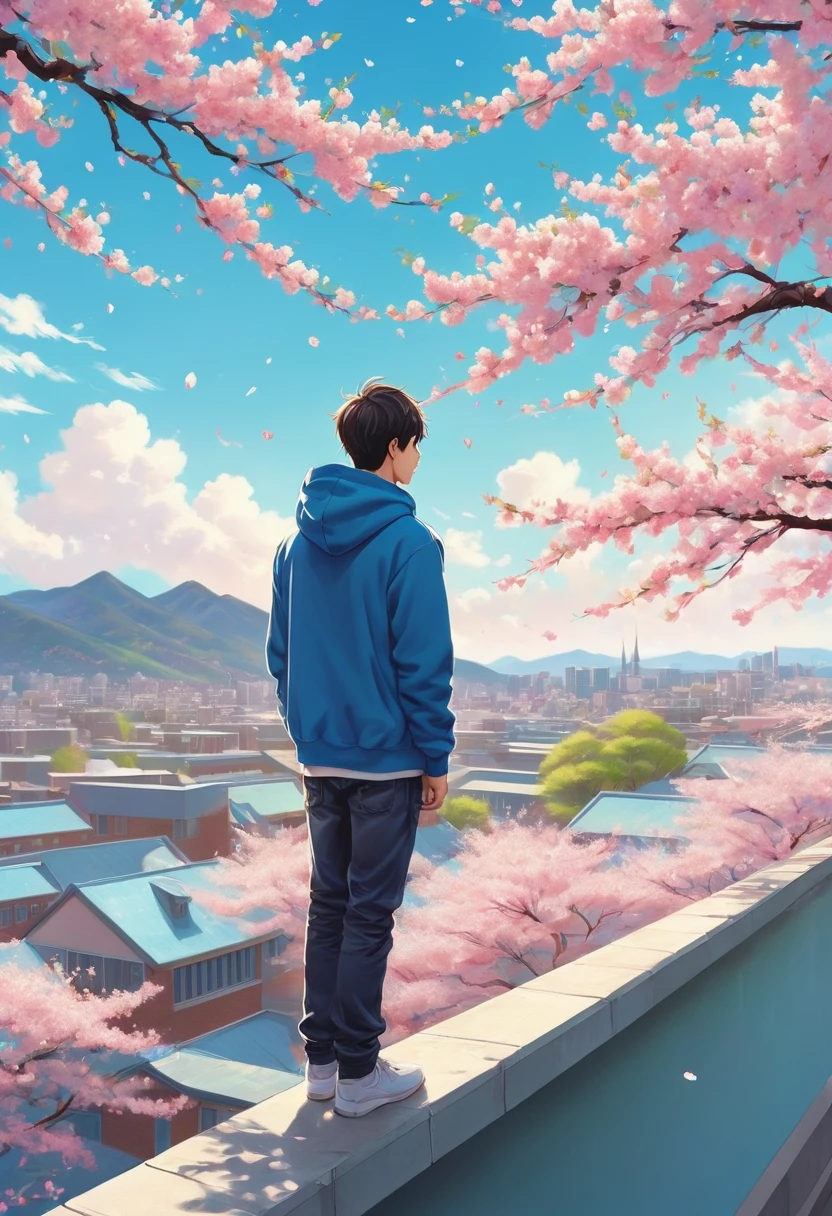 High school boy standing on the roof,Looking down on the schoolyard from the roof of a high school building,A male high school student wearing a hoodie standing on the roof,Looking down on the cherry blossom-filled schoolyard from the rooftop,blurred background,卒業に相応しい感傷的でFantasyな光景,spring,Cherry tree in full bloom,Scattering cherry blossom petals,today、My favorite senior is graduating,blue sky,farewell,sadness,dream-like,Fantasy,Intricate details,Color illustrations,Zentangle Elements,rendering,colorful,colorfulな呪文を唱える,Wide range of colors,Intricate details,rendering,,masterpiece,最高masterpiece,highest quality,Beautiful light and shadow,